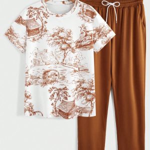 Manfinity KASUA Casual Men 2pcs Set ?C Graphic Print Short Sleeve T-Shirt And Drawstring Waist Loose Pants