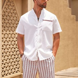 Manfinity KASUA Men??s Single-Breasted Short-Sleeve Shirt And Printed Shorts Set, Summer