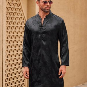 Manfinity KASUA Men??s Spring/Summer Floral Jacquard Button-Up Shirt With Half Placket And Long Sleeves