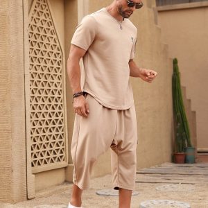 Manfinity KASUA Men??s Summer Palm Tree Printed Workwear Pocket Short Sleeve T-Shirt And Pants Casual Outfit, Going Out, Husband