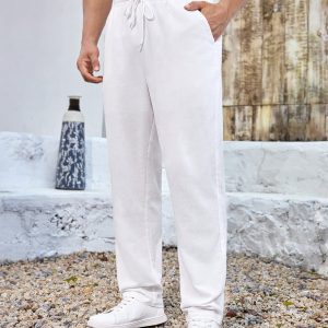 Manfinity KASUA Men??s Slim Fit White 100% Cotton Pants, Comfortable & Breathable
