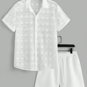 Manfinity KASUA Men??s Hollow-Out Short Sleeve Geometric Pattern Shirt And Loose Fit Casual Pants Resort Outfit Set