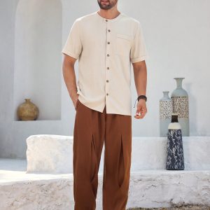 Manfinity KASUA 2pcs Men??s Solid Color Button Front Shirt And Lace-Up Pants Set