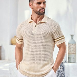 Manfinity KASUA Men??s Knitted Polo Shirt With Striped Cuffs, Soft And Breathable With Button Closure